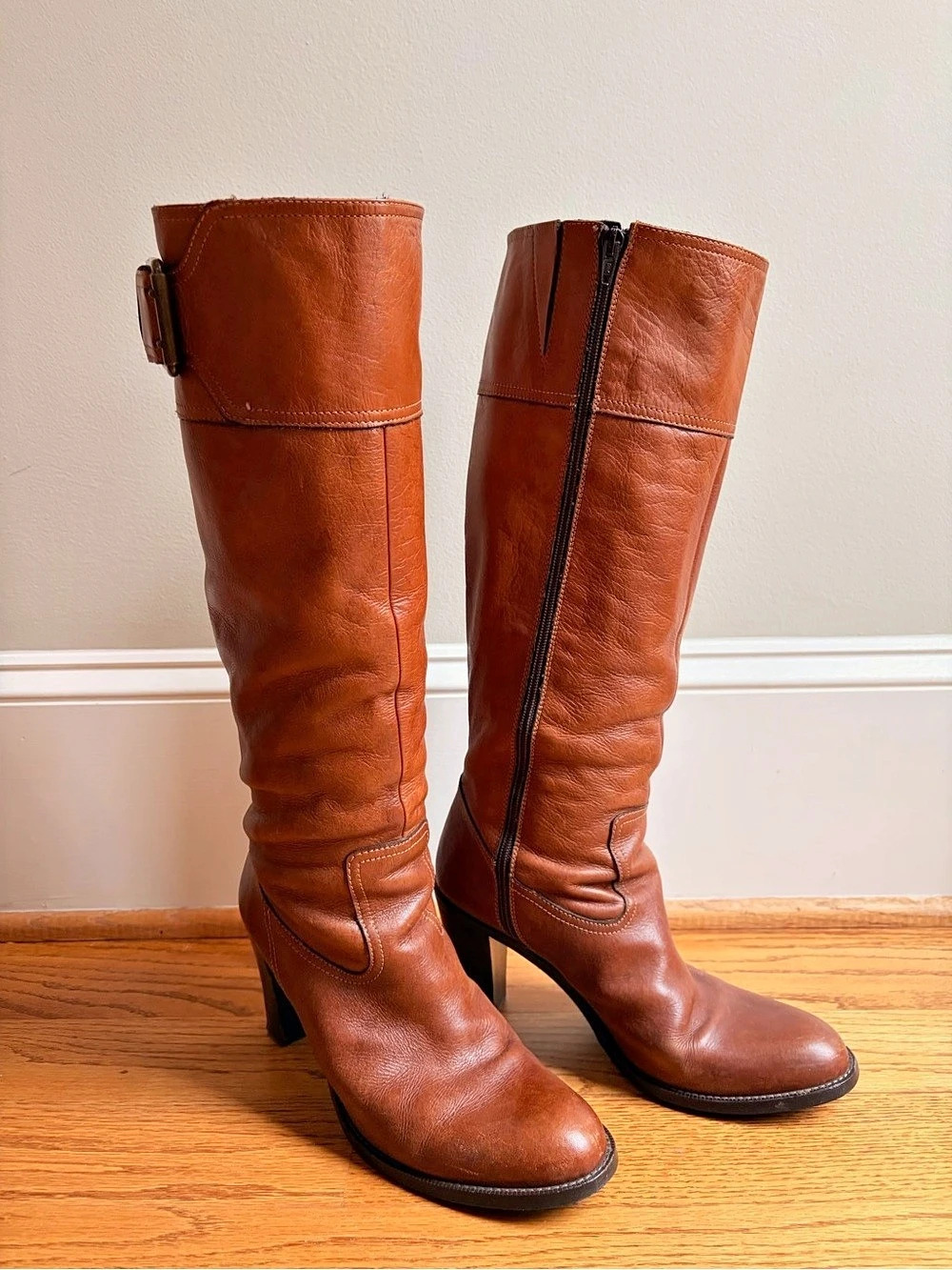 Eddie Bauer Back Zip Leather Tall Heeled Boots Brown US 9.5